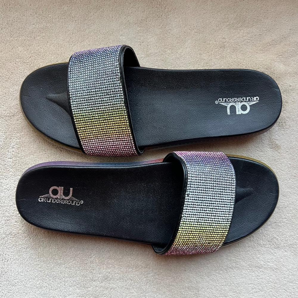 Air Underground Fantasy Women 12 M Black Rainbow Rhinestone Ombre‎ Slide Sandals